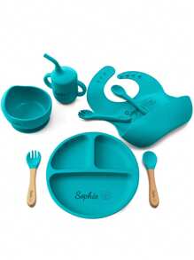 Juego de 8 piezas de vajilla de bebé de silicona con diseño personalizado, incluye plato con ventosa, tazón, taza, babero, cucharas y tenedores blandos, multiusos, ornamentales, con letras, de colores lisos, exquisitos, coloridos, adorables, casuales, personalizados, regalos ideales para bebés, hijo o hija