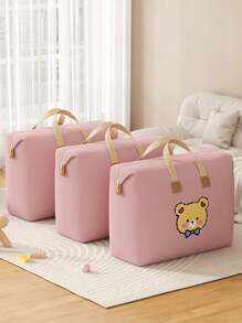1PC Pink Large Capacity Household Clothing Storage Bag, Tie Bear Cartoon Pattern Bedding Storage Bag, Lightweight And Movable Zipper Handbag, Quilt Storage Bag, Autumn Decoration, Holiday Decoration, Room Decoration, Home Decoration, Autumn Decoration, And Bedroom Decoration