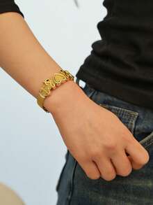 1 件可调节不锈钢网链手链，带金铜心、海豚、生命之树、吊饰，适合女性、情人节、母亲节礼物 - 金黃色 - 查看 2