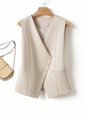 Solid Color Sleeveless Women Vest - Fitted Women's Clothing Open Front Cardigan For Spring Fall, Casual Layering Blouse Top