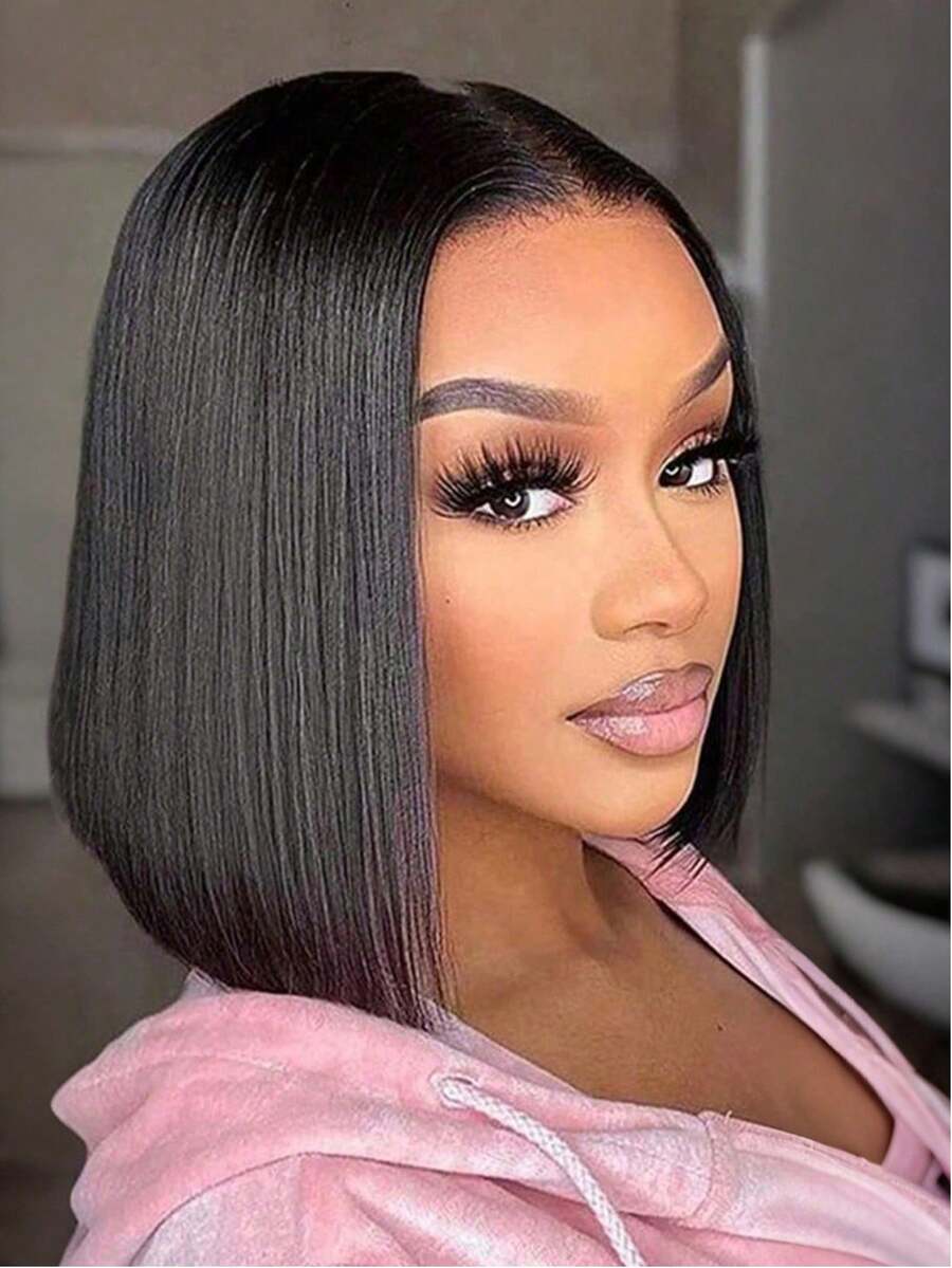 女士黑色鲍勃假发 短款黑色假发 中分直发 黑色假发 自然造型 耐热合成假发