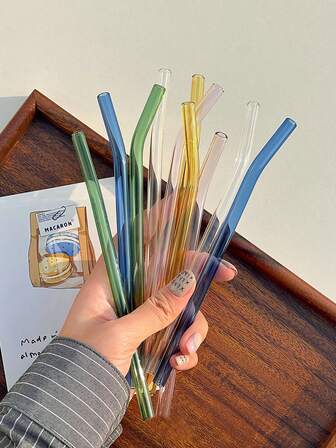 Conjunto de 14 piezas de sorbetes de vidrio de colores con cepillos - 8 mm sorbetes reutilizables (6 rectos + 6 curvos) en rosa, transparente, verde y talla grande, perfectos para batidos, café helado, boba, cócteles y suministros para fiestas, útiles escolares