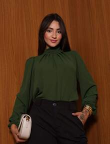 Long Sleeve Round Neck Shirt Blouse With Ruffles - Army Green - View 1