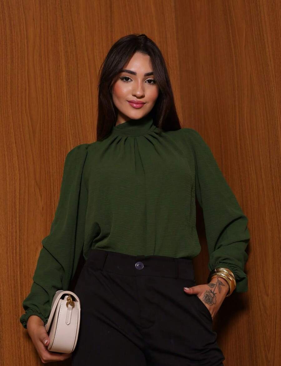 Long Sleeve Round Neck Shirt Blouse With Ruffles - Army Green - View 1