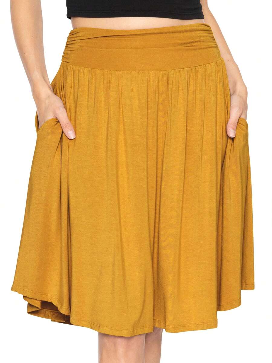 STRETCH IS COMFORT Women's And Plus Size Scoop Hem Flare Mid Length Skirt With Pockets | S-5X - Mustard Yellow - View 1