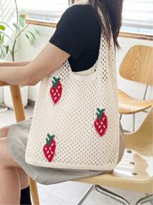 Lightweight,Casual Cute Cartoon Strawberry Pattern Crochet Bag Hollow Out Detail Vacation Style For Teen Girls Women College Students Perfect For College,Outdoors,Travel,Outings,School Bag,Large Capacity,Portable,For Teen Girls Women College Students,White-Collar Workers,Perfect For Work,Back To School,Middle School,High School,College,Vacation, & Cute Strawberry Purse, Perfectly Matching With Crochet Set