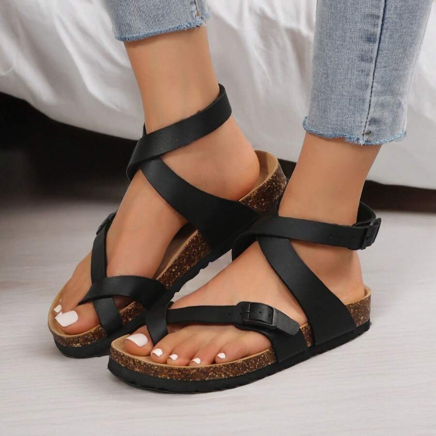 Women's Adjustable Buckle Non-Slip Sandals,Comfortable Arch Support Strap Cork Insole Slippers - màu đen - Xem 1