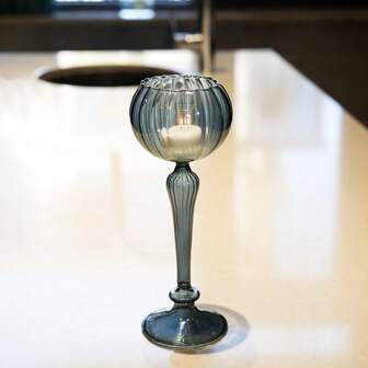 1pc Retro Stripe Pattern Flower Bud Candle Stand, Vintage Elegant Grey European Style Tabletop Decor