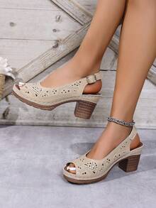 Fashionable & Versatile Breathable Peep-Toe Strap High Heel Sandals, Comfortable Laser Print Design, Suitable For Summer - Apricot - View 3