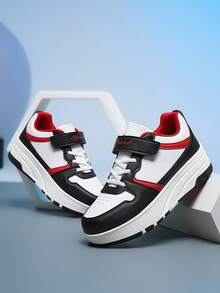 Zapatos de patines de ruedas para volver al colegio para adolescentes, zapatillas deportivas casuales convertibles con doble rueda y cierre de gancho y bucle para niños y niñas - Blanco y Negro - Ver 2