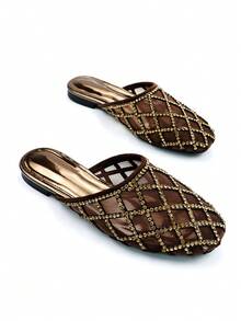 Women's Luxury Fully Rhinestone Hollow Mesh Decor Chocolate Brown Suede Comfortable Square Toe Slip-On Flat Mule Sandals, Suitable For Daily And Party Wear,Spring Summer Outfits - Chocolate Brown - View 2