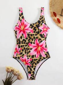 Fashionable Sexy Elegant Leopard Floral Print One-Piece Swimsuit - Multicolor - View 4