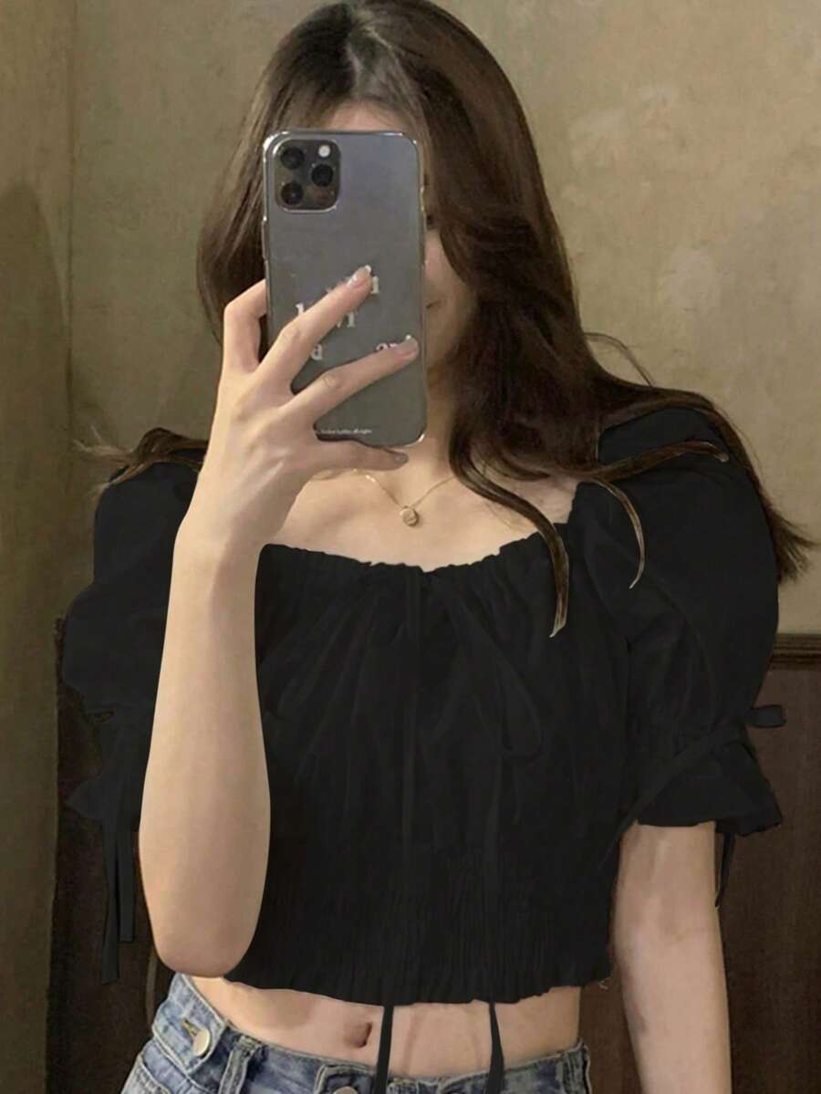 女款時尚甜美夏季純色抓皺腰部泡泡袖上衣 黑色 - 黑色 - 查看 1