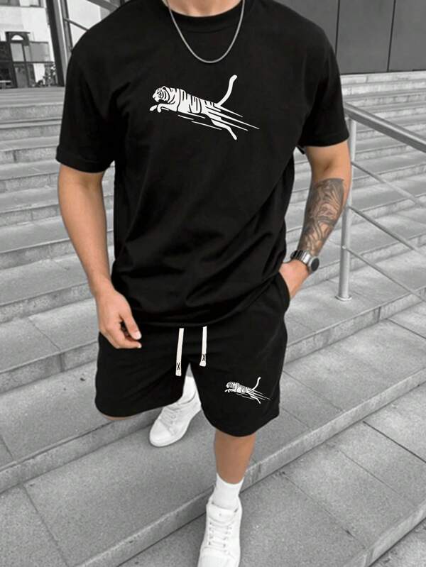Set de 2 piezas de ropa deportiva casual de verano para hombre: camiseta de manga corta y pantalones cortos con cordón en la cintura, estampado de tigre, ajuste regular, adecuado para regalos para esposo/novio, golf, pesca, baloncesto, campamento, gimnasio, natación, playa