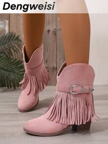 女士舒适百搭一脚蹬低帮踝靴，粉色条纹，流苏，粗跟，圆头，适合通勤、日常和度假，四季皆宜