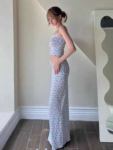 Summer European And American Style Ditsy Floral Bow Lace Trim Camisole Long Dress 2 Pieces Set, Vacation Casual Elegant