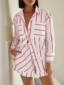Womens Striped 2 Piece Outfits Button Down Shirts And Shorts Lounge Matching Sets - 紅色 - 查看 3