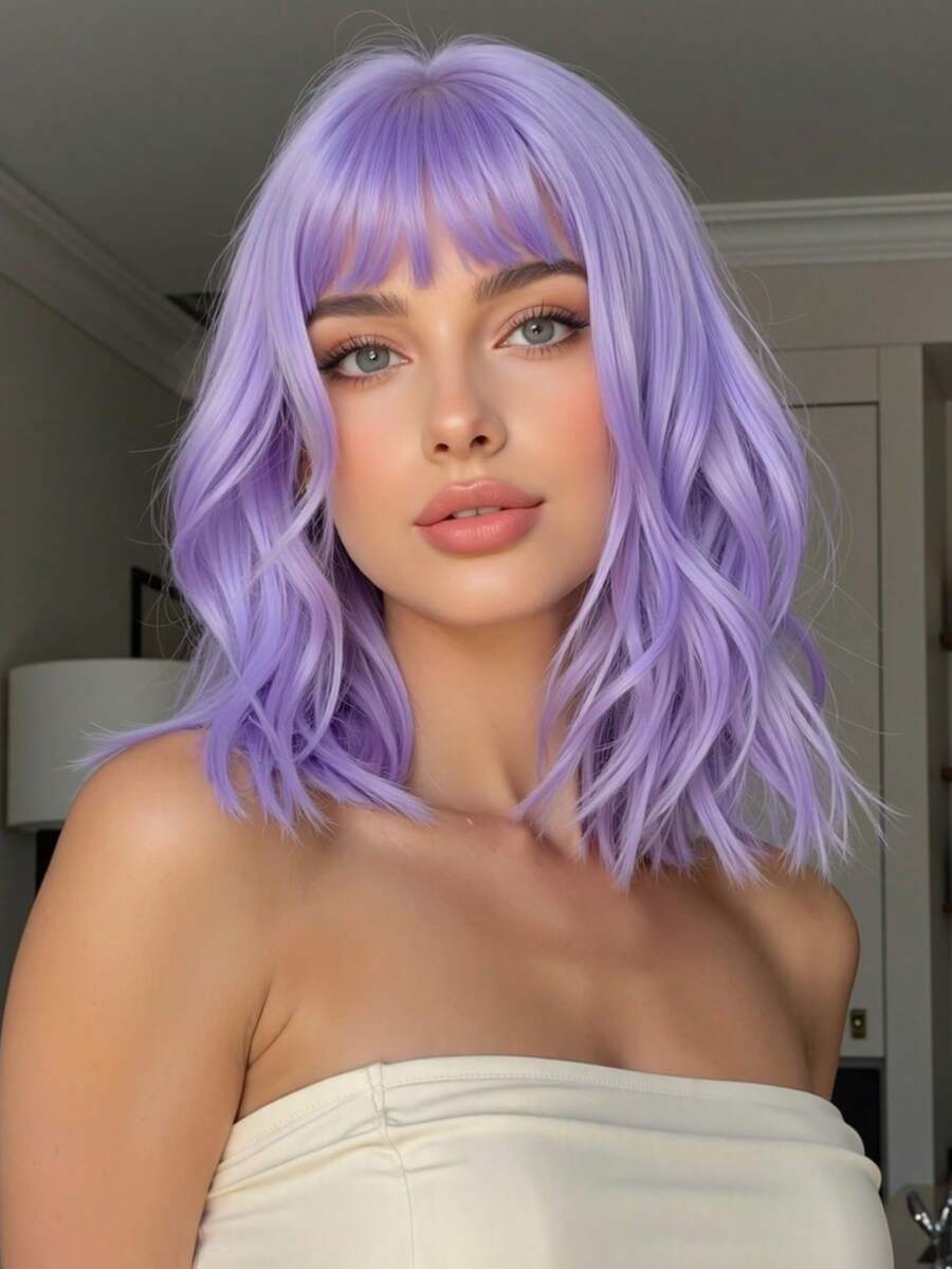 Peluca Bob colorida de 12 pulgadas con flequillo, peluca de onda de agua resistente al calor de fibra sintética, para mujeres y niñas, para fiestas de disfraces, uso diario o festivales de música