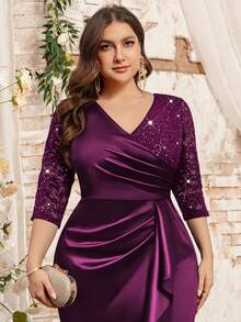 Plus V-Neck Sequin Floral Lace Contrast Ruched Ruffle Trim Satin Mermaid Hem Evening Party Dress, Formal Gown, Winter Dress, Valentine Day Dress, For Wedding Guest, Graduation, Dinner - Maroon - View 8