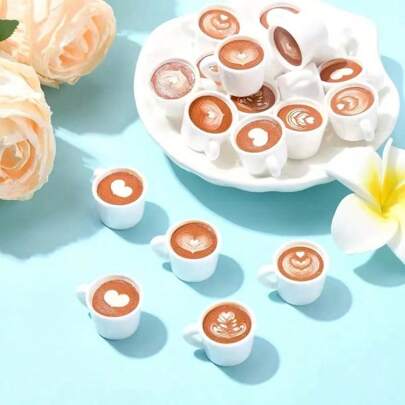 10pcs Miniature Coffee Cup Charms With Latte Art Design, Resin Pendant Decorations For DIY Jewelry Making And Crafting