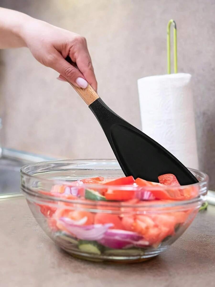 1 bộ phụ kiện nhà bếp - Thìa trộn salad, Thìa xào, Thìa silicon, Thìa xào chảo, Bộ dụng cụ xào chảo, Đồ dùng nhà bếp, Đồ nấu ăn, Chịu nhiệt độ cao, Bánh kếp gia dụng, Thìa chiên trứng dày, Thìa nấu ăn silicon đa chức năng cho chảo chống dính - Dụng cụ khuấy, múc và cạo lý tưởng, Cán gỗ, Màu đen