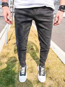 Men's Black Skinny Jeans With Distressed Scratch Designs, Stretch Denim Slim Fit Pencil Leg Pants - Black - View 4