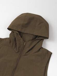 女士春秋新款无袖背心外套，休闲修身设计，拉链连帽口袋可调节下摆，轻盈户外时尚百搭风格 - 咖啡棕 - 查看 3