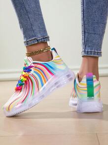 Women's Premium Colorful Rainbow Low-Top Lace-Up Sneakers, Classic Comfortable Breathable Soft Bottom Sports Running Shoes For Casual Tennis Walking All Season. Fashionable Air Cushion Shock Absorbing Sneakers