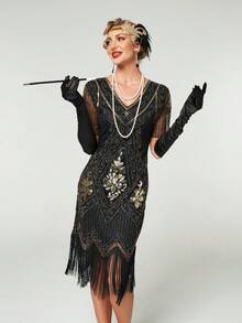 Đầm cocktail đính cườm kiểu Gatsby thập niên 1920 dành cho nữ, kiểu dáng thanh lịch, có tua rua, thích hợp cho kỳ nghỉ hè. - Đen và vàng - Xem 2