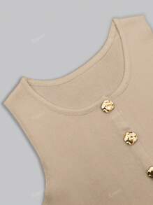 Vintage Chic Fashionable Elegant Metal Button Open Front Solid Color Sleeveless Round Crew Neck Business Jacket Work Outfits Waistcoat Slim Modest Minimalism Casual Top Tank Knit Vest Sweater For Women