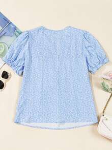 Sky Blue Floral Embroidery Puff Sleeve V-Neck Cold-Shoulder Top - Blue - View 10
