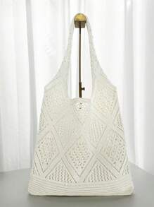Crochet Woven Hollow-Out Design Tote Bag, Minimalist Large Capacity Women Shoulder Bag, Portable, Suitable For Teenagers, Female College Students, Great For Work, Back To School, Middle/High School, University, Vacation, Travel