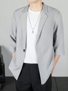 Men's 3/4 Sleeve Casual Suit Jacket, Korean Stylish Relaxed Fit Blazer - Light Grey - View 3