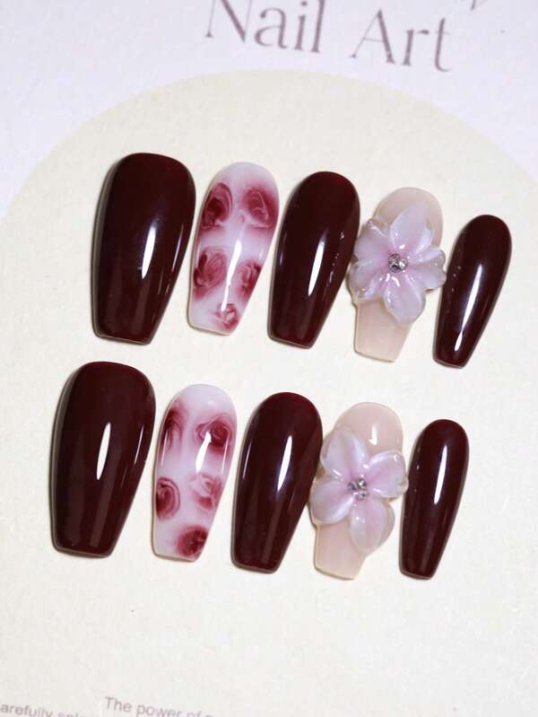 Unhas postiças 100% artesanais com flor esculpida à mão em 3D com estampa de rosa, design de arte em unhas para primavera e verão, nova chegada, 10 peças de pontas de unhas postiças de amêndoa, produtos reutilizáveis para unhas