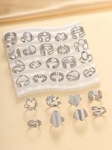 6/16/12/24件不锈钢银色几何图案混合优质戒指套装，款式随机发货，尺寸可调，适合女性日常装饰或送礼 - 銀色 - 查看 2