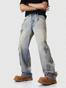 Baggy Blue Jeans, Vintage Straight Leg Hip Hop Loose Fit Casual Streetwear Skateboard Retro Distressed Denim Pants - Blue - View 5