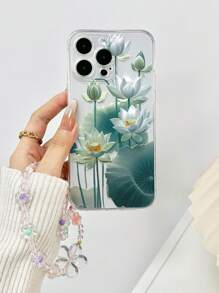 Flower Phone Case 1pc Transparent Lotus Flower Painted Thickened Shockproof Phone Case Cover With Handmade Beaded Flower Bracelet Accessories, Compatible With IPhone 16/11/16pro/16plus/16promax/16e/15Promax/13/14/12/XS/XR/7G/8P, Compatible With Samsung Galaxy 11/12Pro/12/12X/13Pro/14Pro/15Pro/, Compatible With Redmi 10/9/Note9/12c/Note11pro/Note8Pro