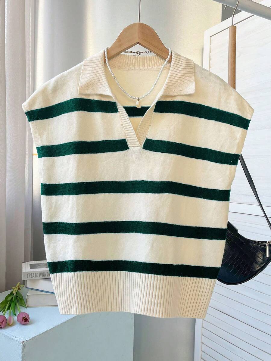 FOR BEAUTY Spring/Summer New Vintage Striped Contrast Color Lapel Sleeveless Knit Top, Loose Casual Pullover, Commuting Style, Christmas Top, New Year - Apricot Dark Green - View 1