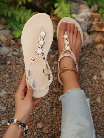 新款春夏时尚女士拖鞋，时尚休闲罗马风格一脚蹬凉鞋，黑色、米色、棕色，纯色编织舒适沙滩凉鞋，博主推荐厚底凉鞋，夏季沙滩鞋，优雅扣环低跟圆头拖鞋，防臭防滑皮革串珠装饰简约户外拖鞋，百搭平底一脚蹬女士平底凉鞋