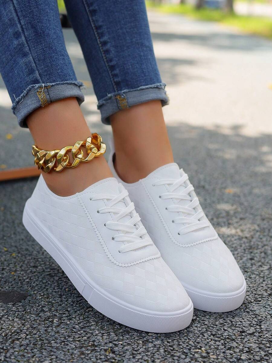 Women's White Shoes, British Style Pure White Lace-Up Leather Sneakers, Round Toe Low-Top Flat Skate Shoes, Fashionable Breathable Non-Slip Small White Shoes For Students