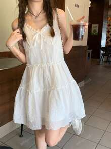 Petite White Lace Trim Spaghetti Strap A-Line Peplum Mini Dress For Women, Summer