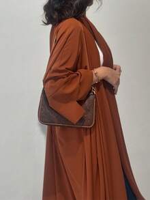 Long Sleeve Woven Fabric Abaya, With Open Collar And Slit Details, Elegant Women's Long Jalabiya, Saudi National Day - Orange - View 1