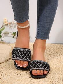 Women's Strap Rhinestone Decor Casual Sandals, Outdoor Plastic Flat Slippers
