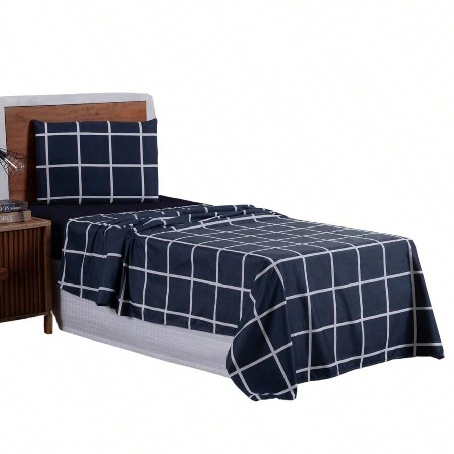 3-Piece Single Sheet Kit Printed Micropercale 400 Thread Count Soft Comfort - Azul Marino - Ver 1