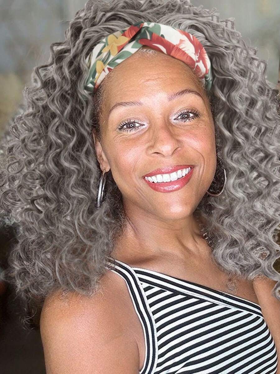 KRSI Headband Wig Curly Headband Wigs For Black Women,Synthetic Hair Deep Wave Headband Wig Half Wigs Glueless Short Curly Headband Wig Natural Black Headband Wig 14Inch 1B - GRAY# - View 1
