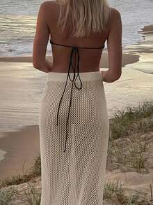 女士休闲假日沙滩裙透视镂空纯色针织系带钩针泳裙比基尼罩衫长款沙滩裙针织高腰紧身沙滩装性感辣妹海边连衣裙，春夏秋季 - 白色 - 查看 5
