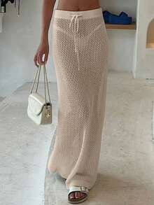 女士休闲假日沙滩裙透视镂空纯色针织系带钩针泳裙比基尼罩衫长款沙滩裙针织高腰紧身沙滩装性感辣妹海边连衣裙，春夏秋季 - 白色 - 查看 3