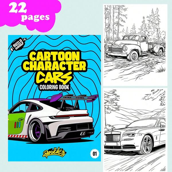 Cartoon Character Car Coloring Book: Exciting Car Adventures, Includes 22 Coloring Pages, Suitable For Ages 14+, Thick Paper, High-Quality Paper, Great Gift For Friends, Couples And Family, Such As Halloween, Christmas, Valentine's Day And Birthday