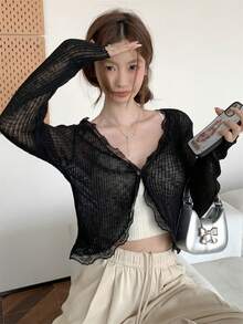 女士蓝色蕾丝边V领罩衫，可爱返校夏季披肩轻薄外套春季黑色 - 黑色 - 查看 5