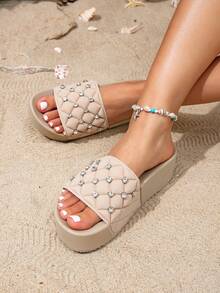 Summer New Arrival Women's Fashionable Rhinestone & Diamond Checkered Apricot Color Thick Sole Height Increasing Outdoor Comfortable Sandals - Apricot - View 5